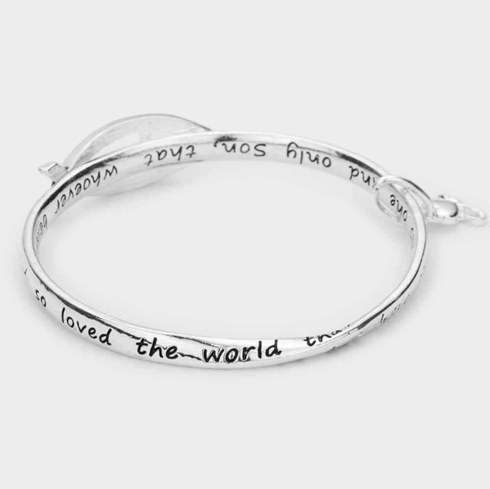 John 3:16 Inspirational Silver Tone Bangle Bracelet with Black Accents NWT - Picture 3 of 7